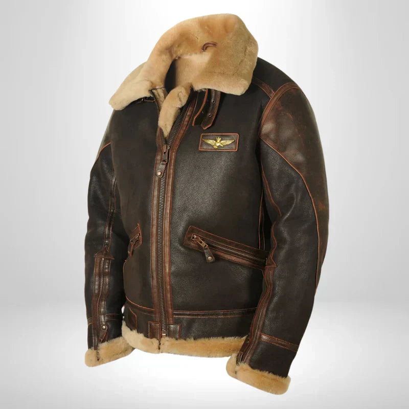 Herren Fliegerjacke mit Fellkragen Leder Schwarz - Norvielle