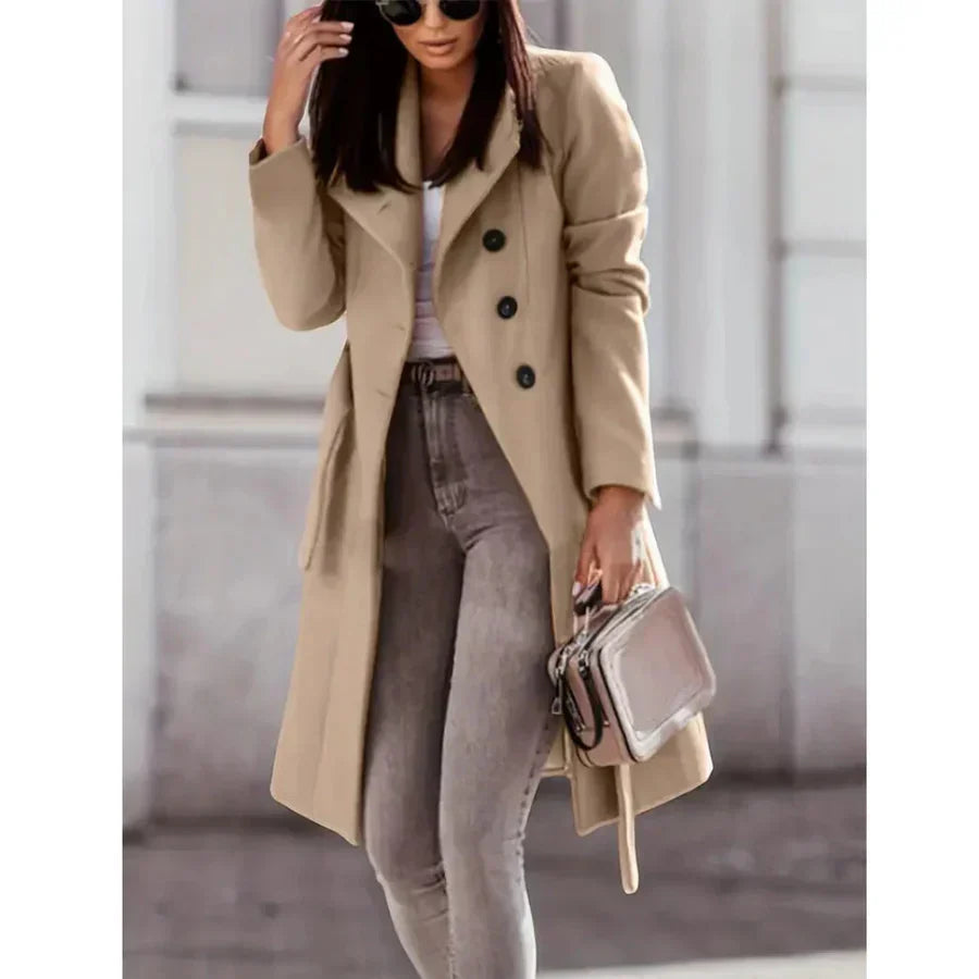 Damen Trenchcoat Wollmischung Tailliert Lang Schwarz - Eveloria