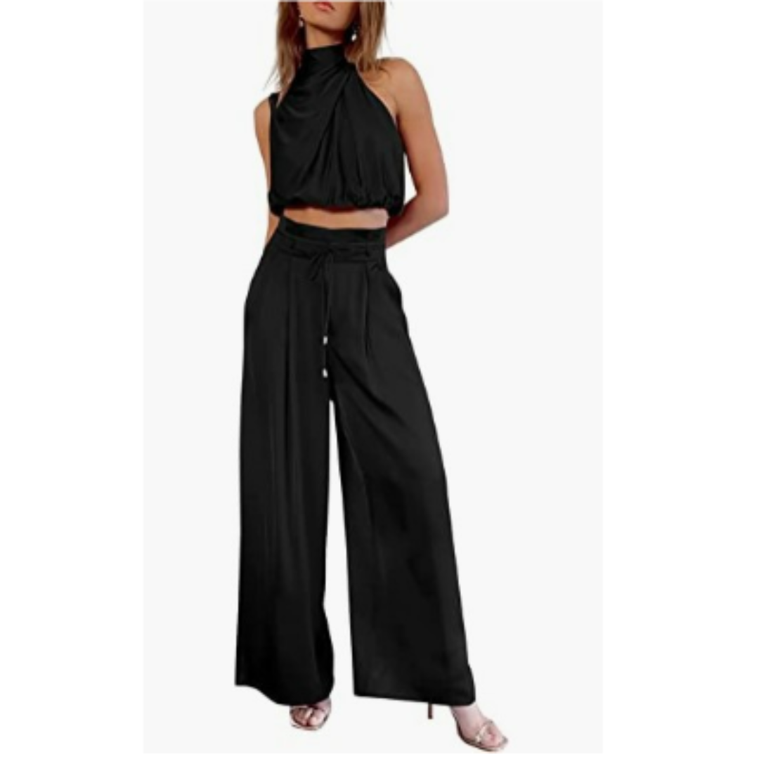 Damen Crop- und Weite Hose Zweiteiliges Set