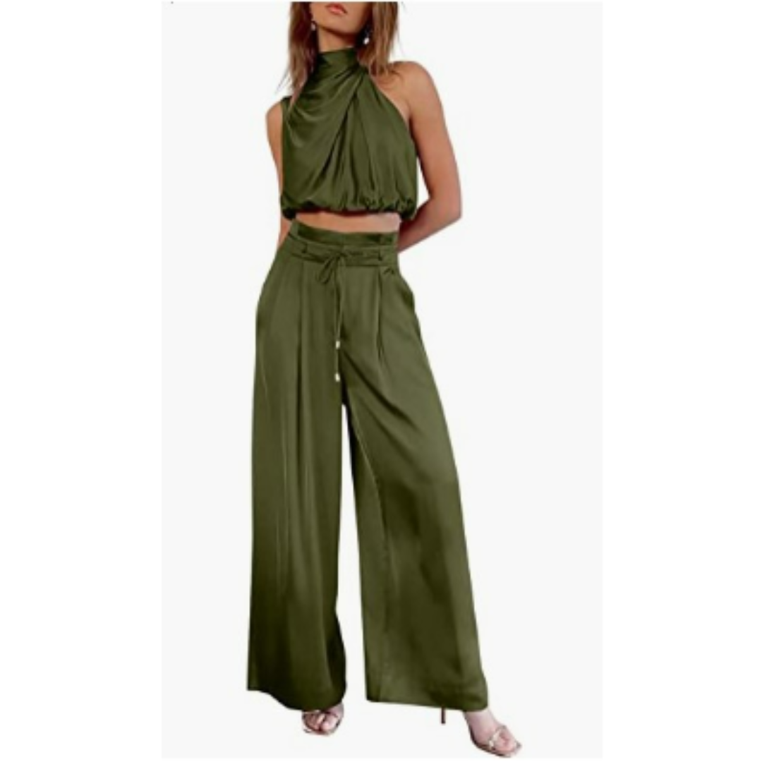 Damen Crop- und Weite Hose Zweiteiliges Set