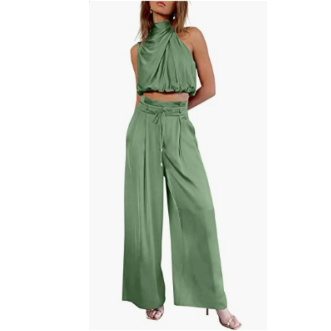 Damen Crop- und Weite Hose Zweiteiliges Set