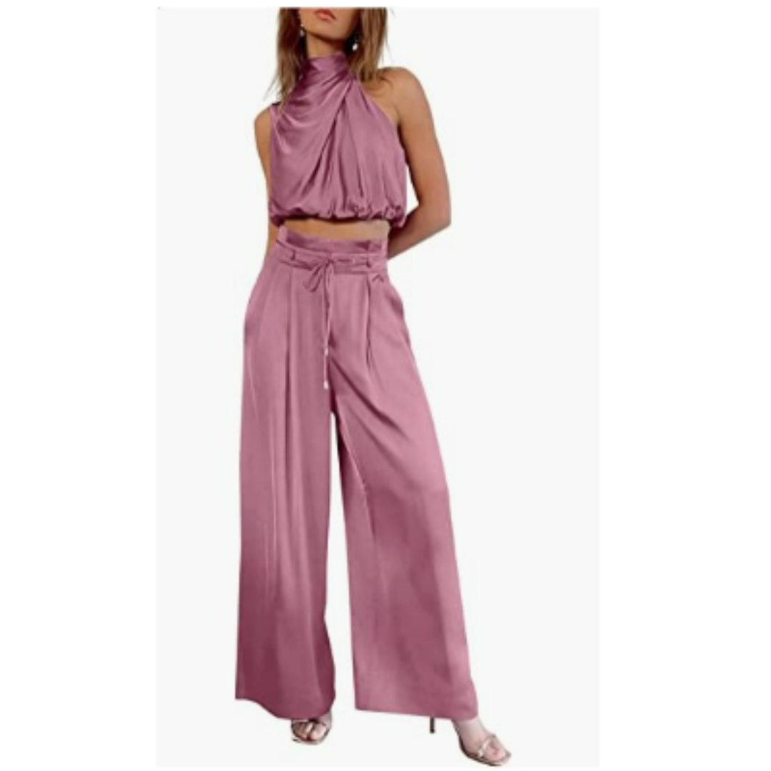 Damen Crop- und Weite Hose Zweiteiliges Set