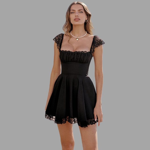 Eveloria Damenkleid Spitzenbesatz Fließender Rock