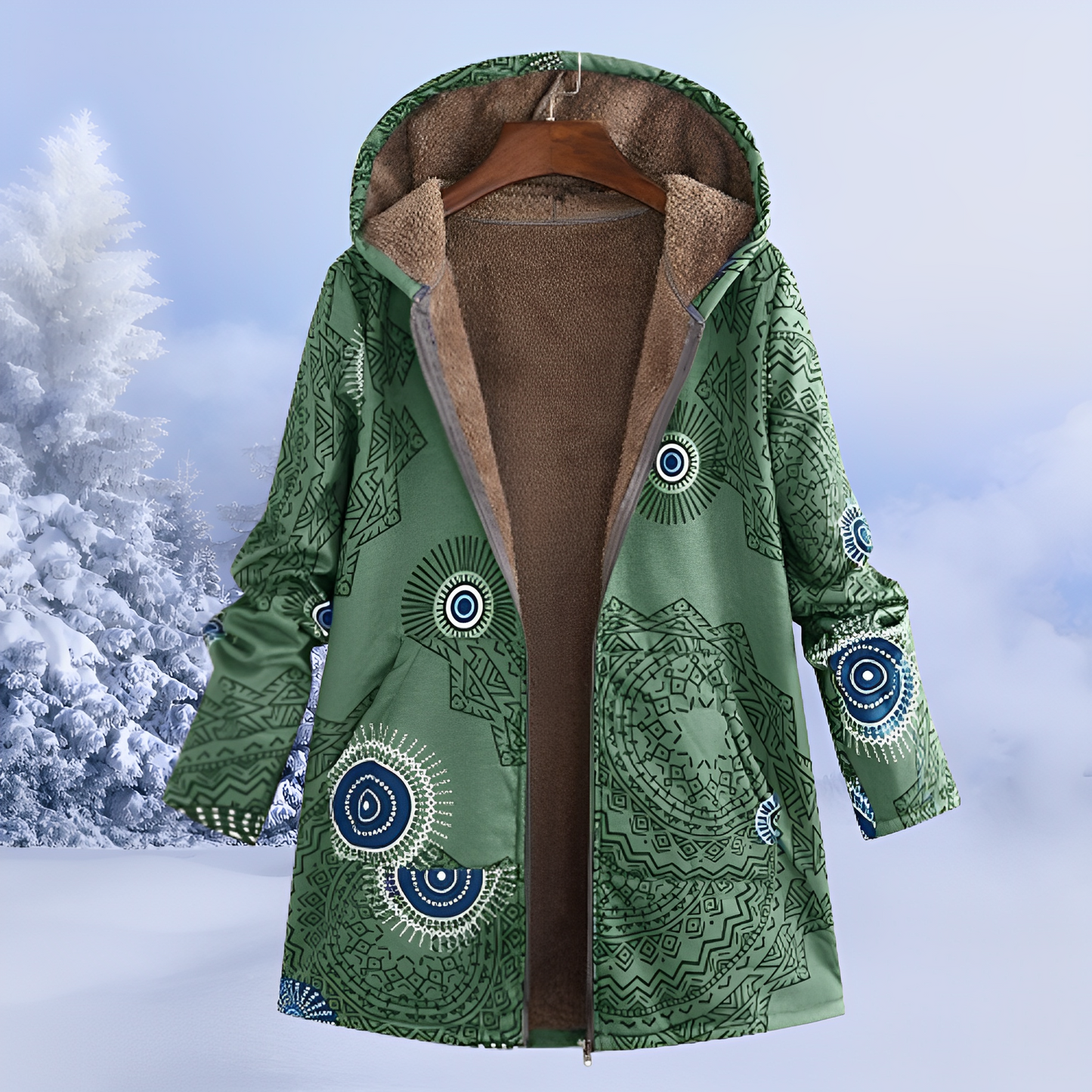 Damen Winterjacke Fellfutter Ethno-Muster
