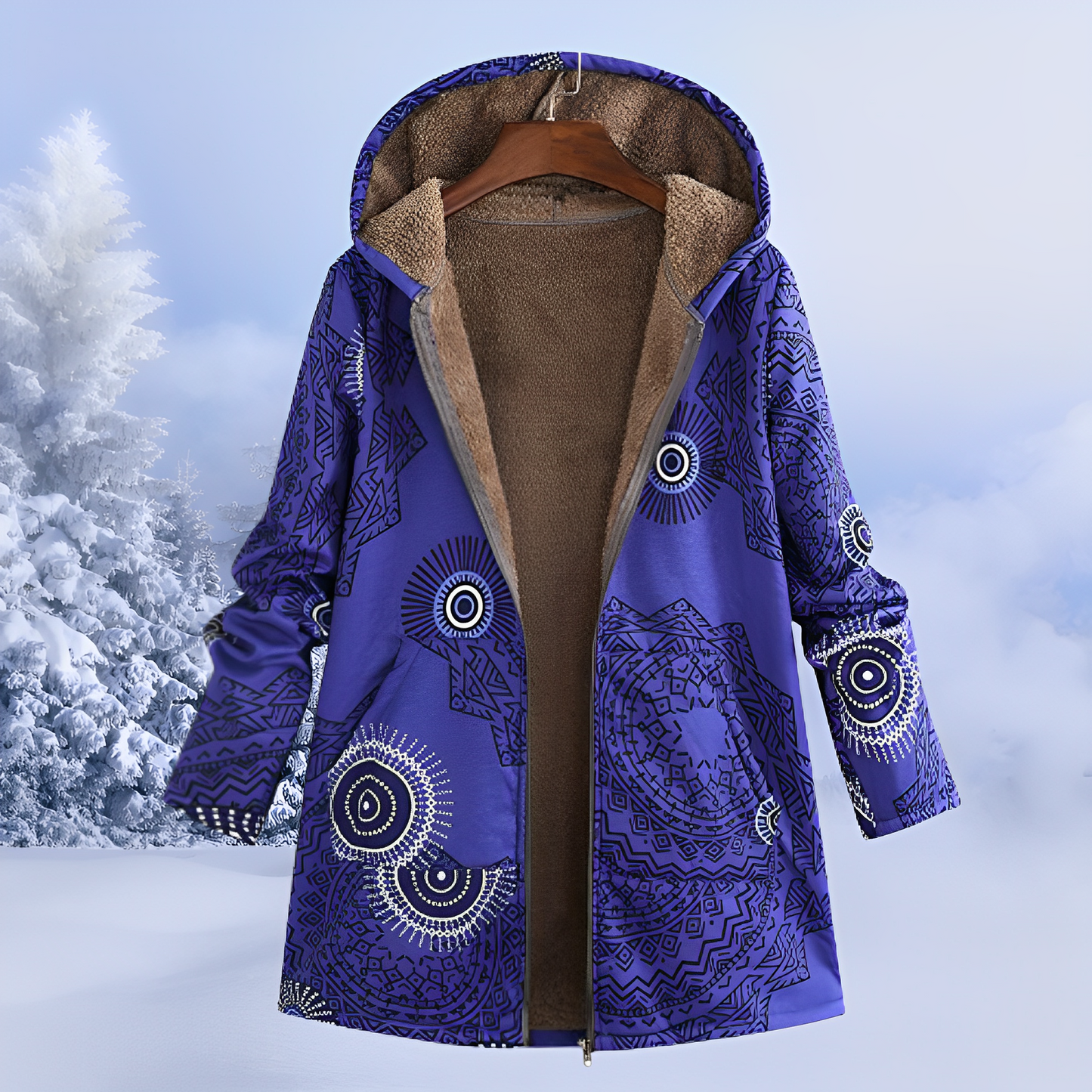 Damen Winterjacke Fellfutter Ethno-Muster