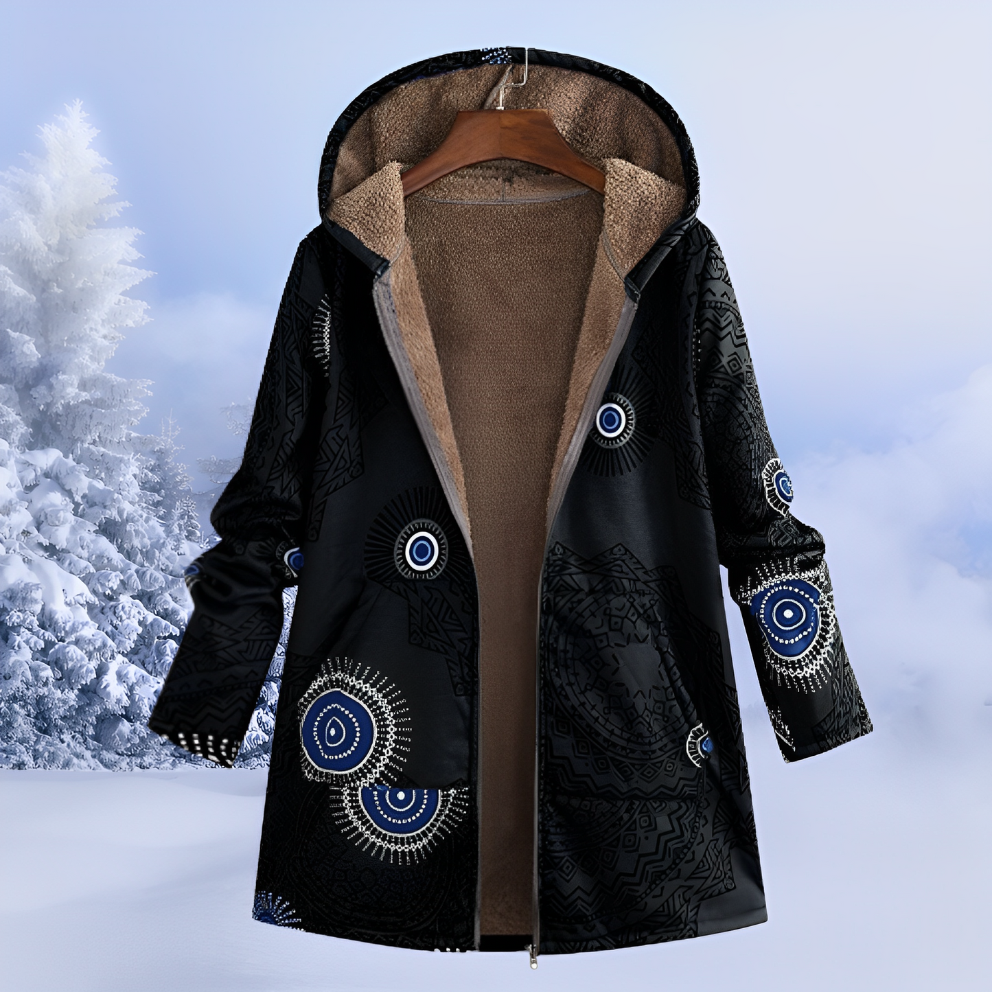 Damen Winterjacke Fellfutter Ethno-Muster