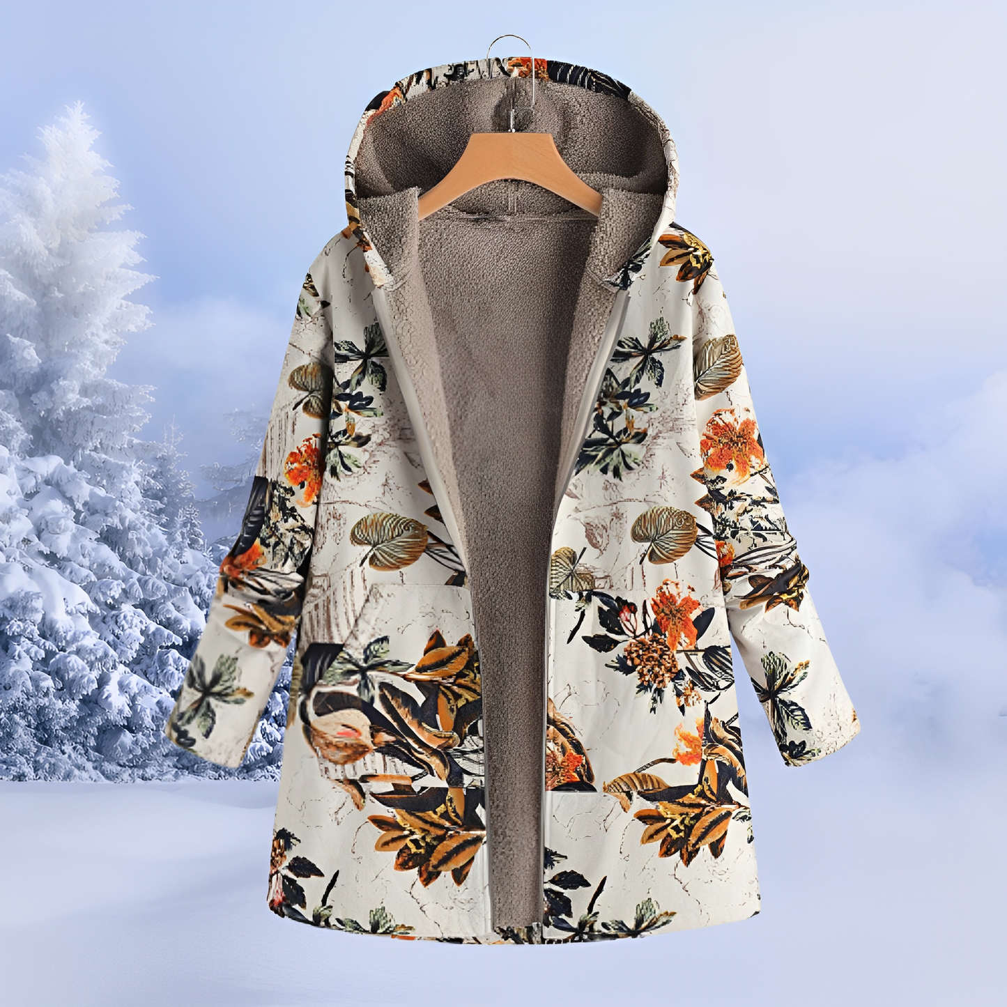 Damen Winterjacke Fellfutter Ethno-Muster