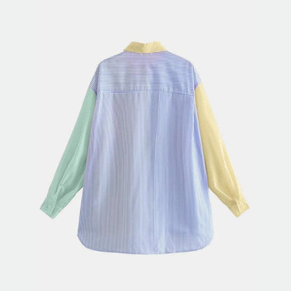 Damen Oversize Bluse Mehrfarbig Streifen Reverskragen Baumwolle