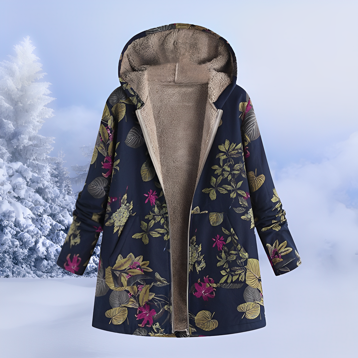 Damen Winterjacke Fellfutter Ethno-Muster