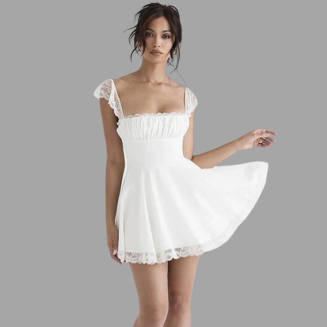 Eveloria Damenkleid Spitzenbesatz Fließender Rock