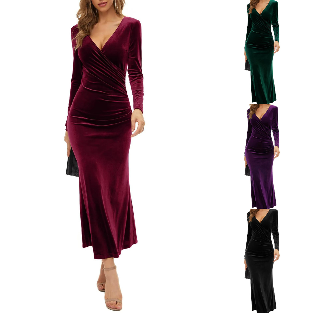 Eveloria Damen Samt Midikleid Langärmelig Bodycon