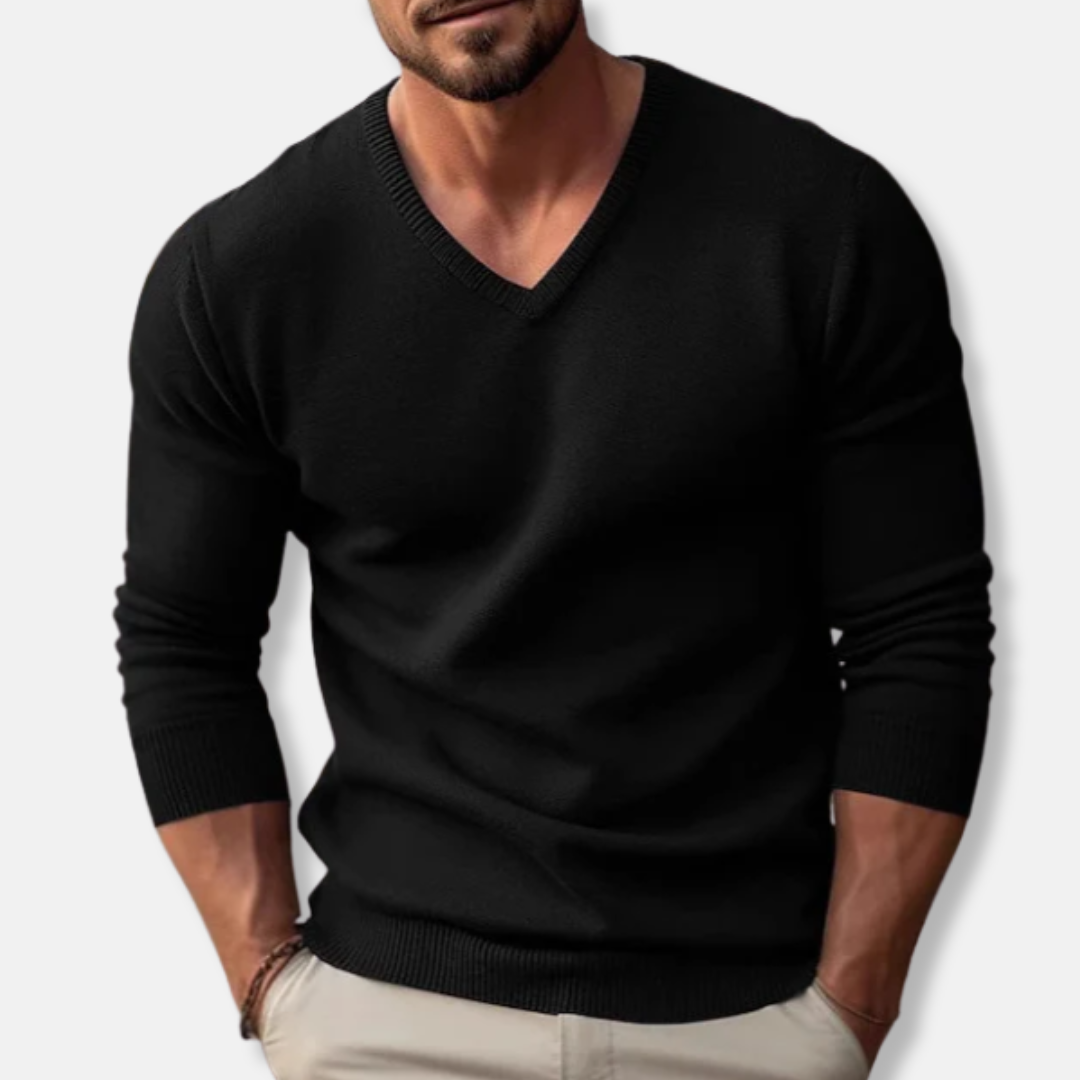 V-Ausschnitt-Pullover – Klassisch – Einfarbig – Strickpullover – Herrenpullover-Schwarz-S-Chaps Herrenmode