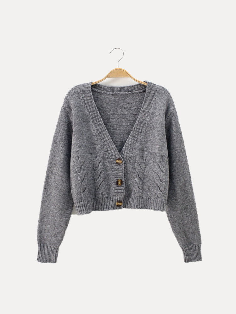 Damen Strickjacke Zopfmuster V-Ausschnitt Knöpfe - Eveloria