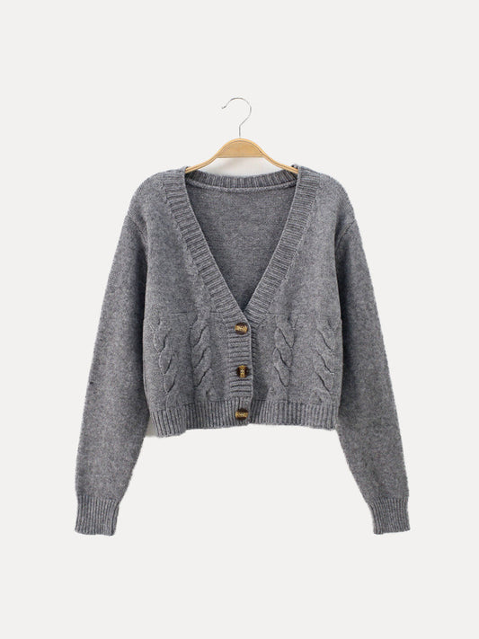 Damen Strickjacke Zopfmuster V-Ausschnitt Knöpfe - Eveloria