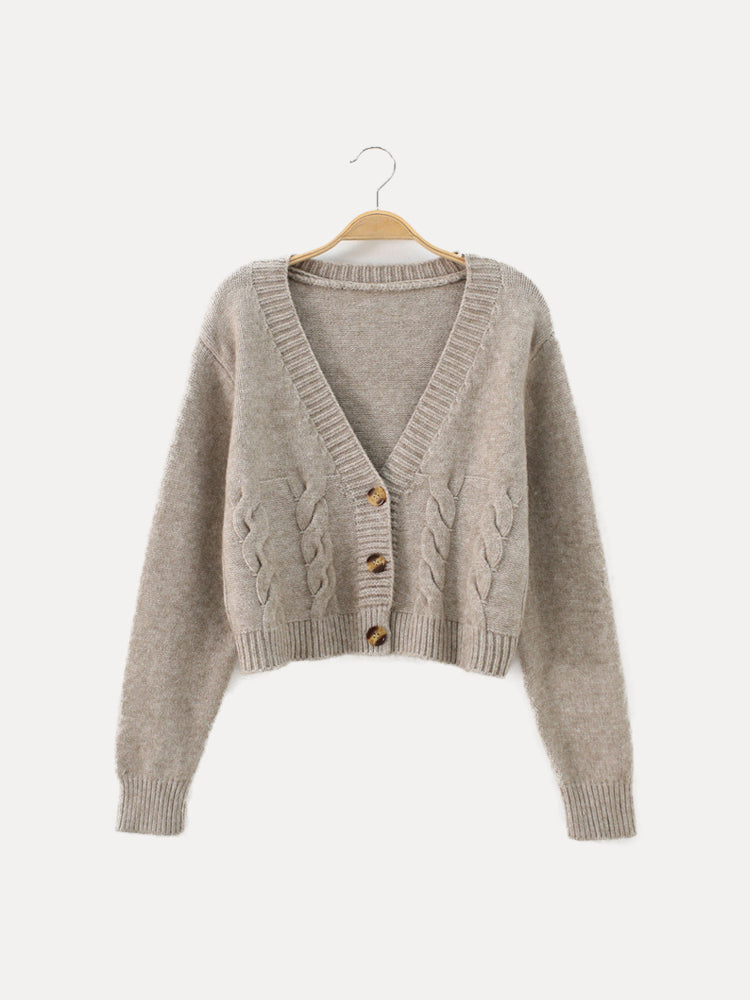 Damen Strickjacke Zopfmuster V-Ausschnitt Knöpfe