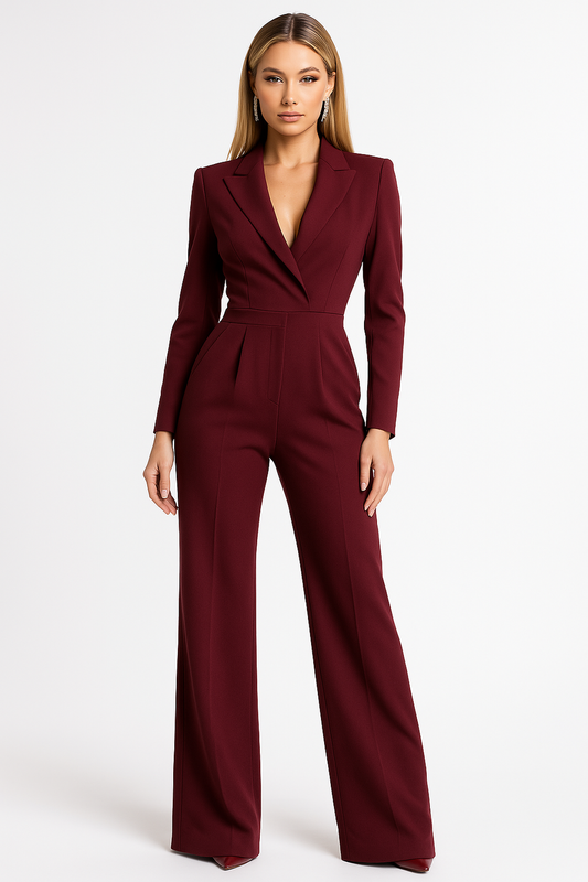 Damen Formelle Jumpsuit Langärmlig Weites Bein Schwarz - Eveloria