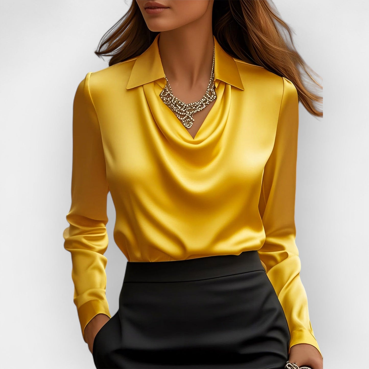 Damen Satinbluse Wasserfallkragen Langarm Eleganz