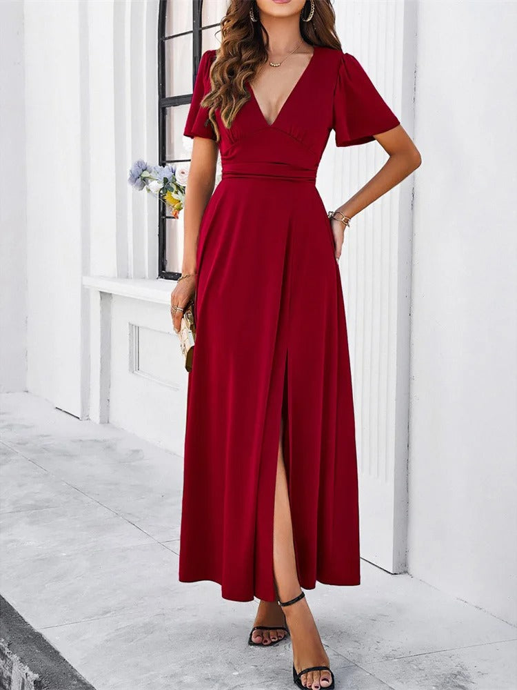 Eveloria Rotes V-Hals Bodycon-Kleid