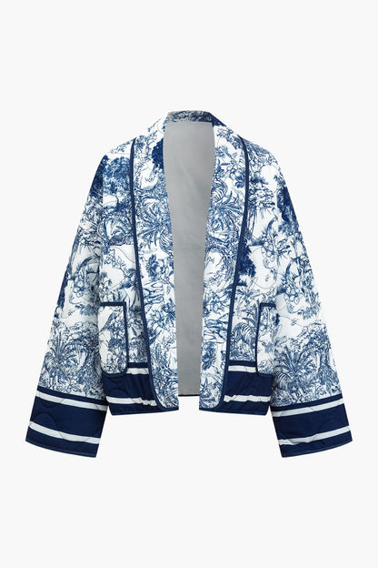 Damen Steppjacke Geblümt Blau Baumwolle