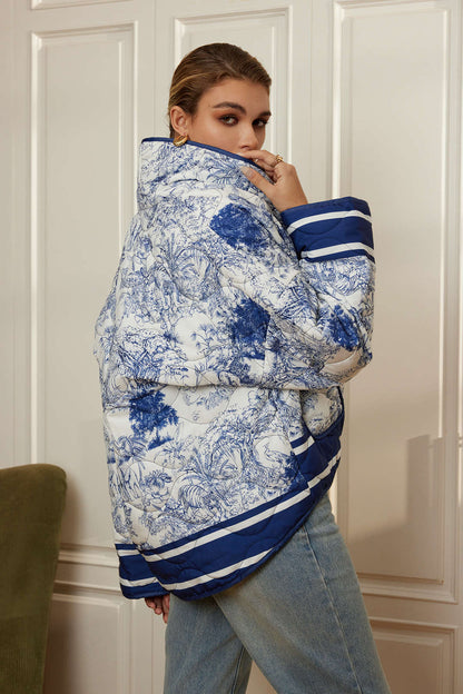 Damen Steppjacke Geblümt Blau Baumwolle