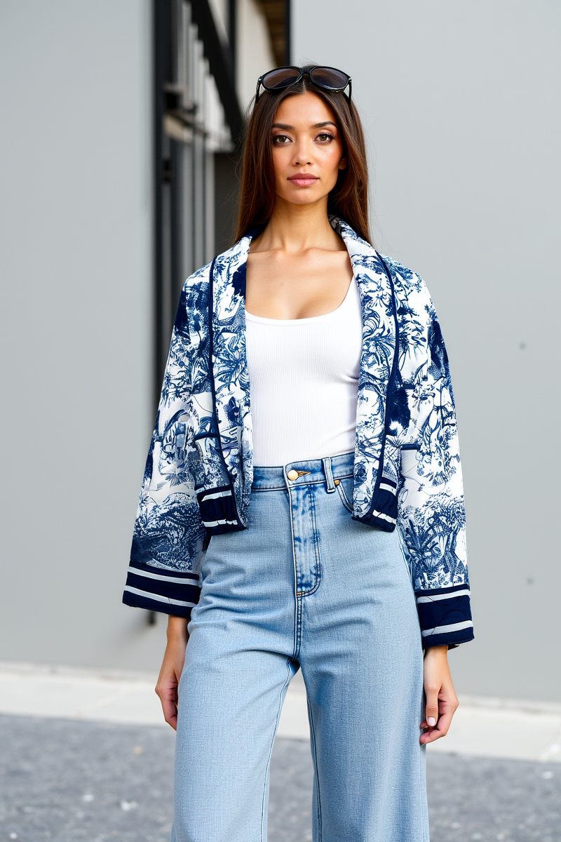 Damen Steppjacke Geblümt Blau Baumwolle - Norvielle
