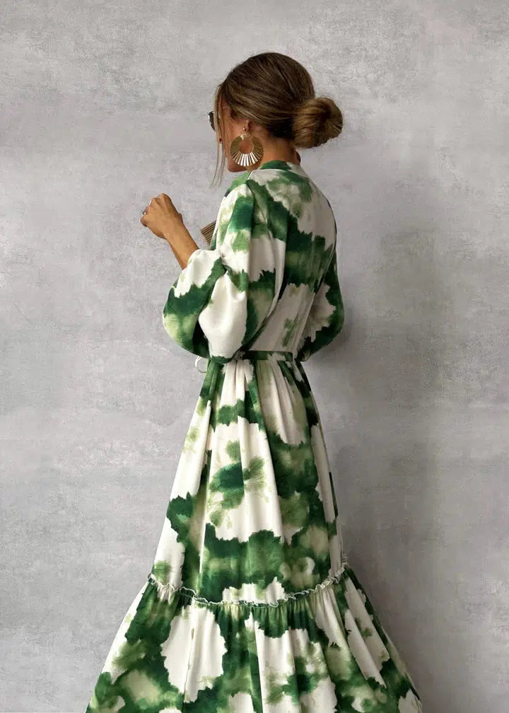 Elegantes Damen Maxi-Kleid Grün V-Ausschnitt Bischofsärmel