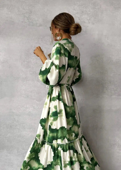 Elegantes Damen Maxi-Kleid Grün V-Ausschnitt Bischofsärmel