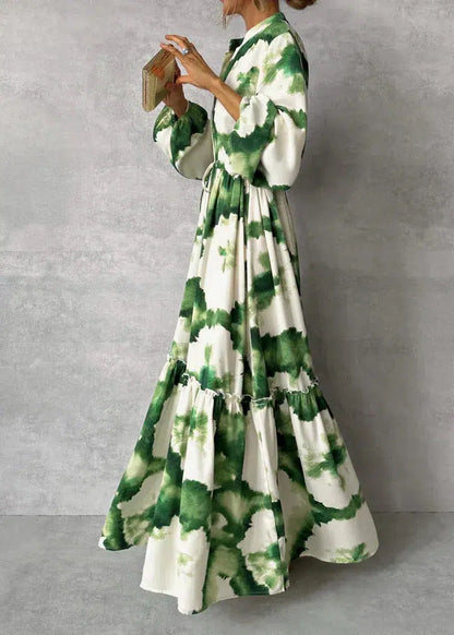 Elegantes Damen Maxi-Kleid Grün V-Ausschnitt Bischofsärmel