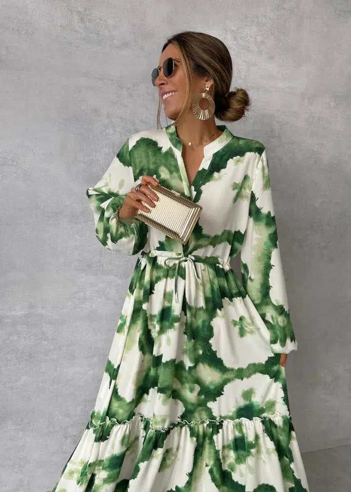 Elegantes Damen Maxi-Kleid Grün V-Ausschnitt Bischofsärmel - Eveloria