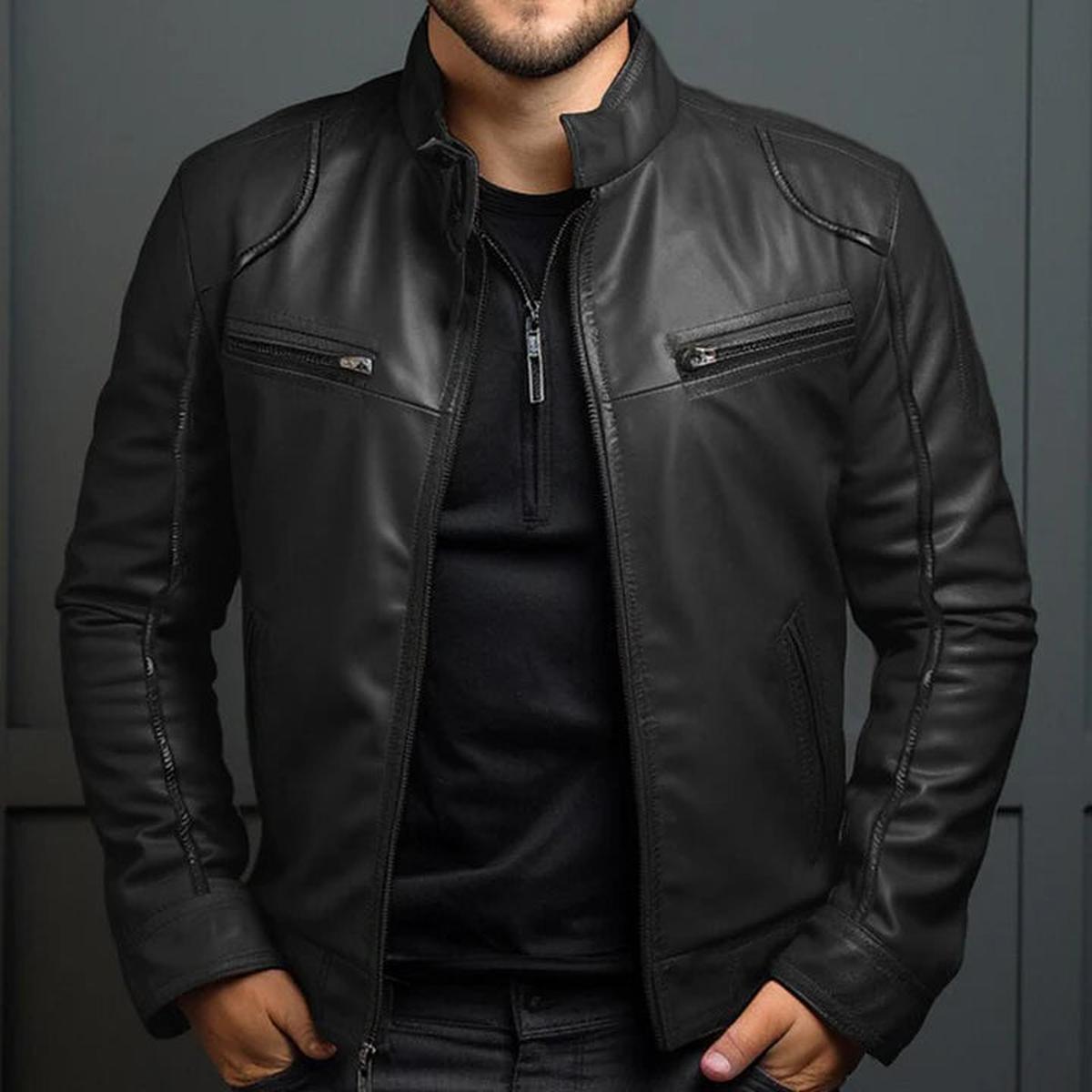 Herren Bikerjacke Reißverschluss Leder Schwarz - Eveloria