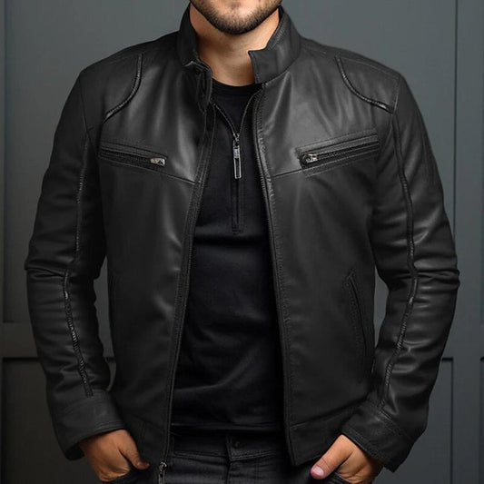 Herren Bikerjacke Reißverschluss Leder Schwarz - Eveloria