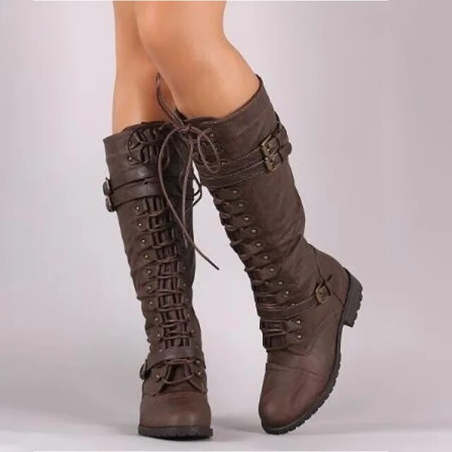 Damen Kniehohe Stiefel Schnürung Robust