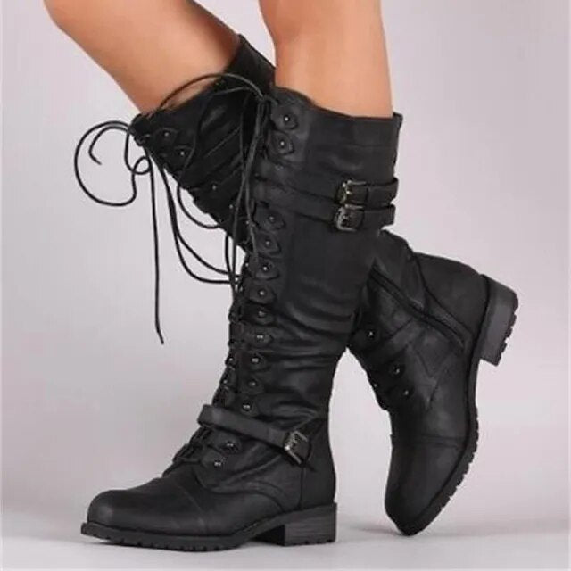Damen Kniehohe Stiefel Schnürung Robust Schwarz - Eveloria