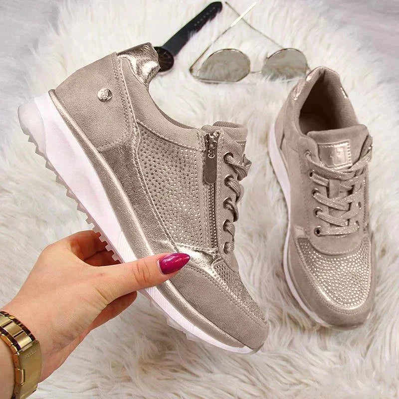 Damen Schnürsneaker Strass Plateau