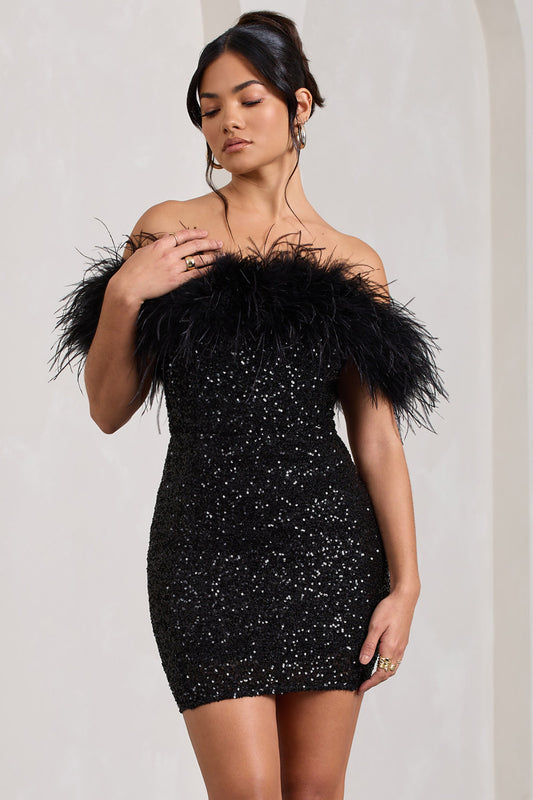 Damen Minikleid Pailletten Off-Shoulder Federbesatz - Norvielle
