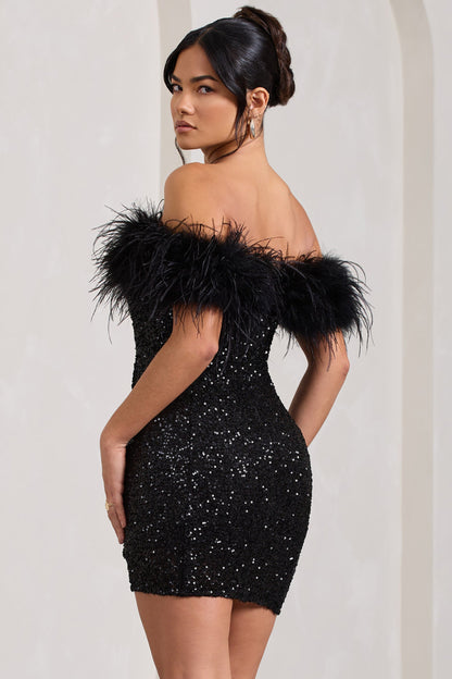 Damen Minikleid Pailletten Off-Shoulder Federbesatz
