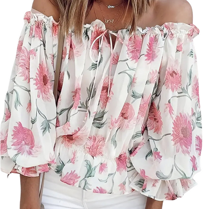 Damenbluse Schulterfrei Langer Puffärmel Floralmuster Sommerfarben