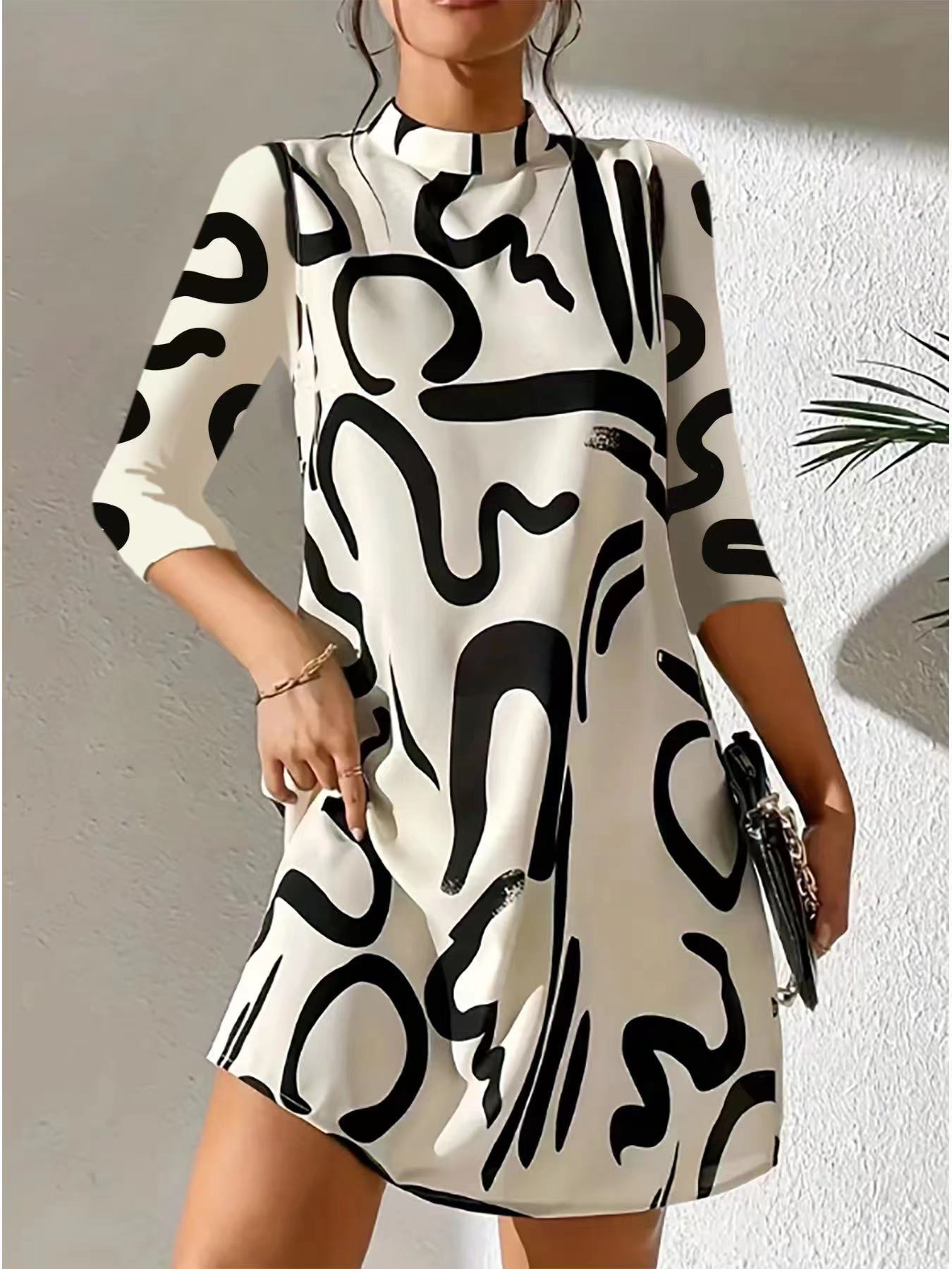 Damen Stehkragenkleid Lässig 3/4 Ärmel Locker Sitzend