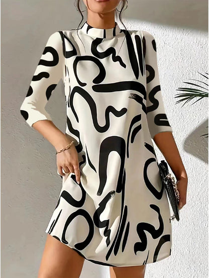 Damen Stehkragenkleid Lässig 3/4 Ärmel Locker Sitzend