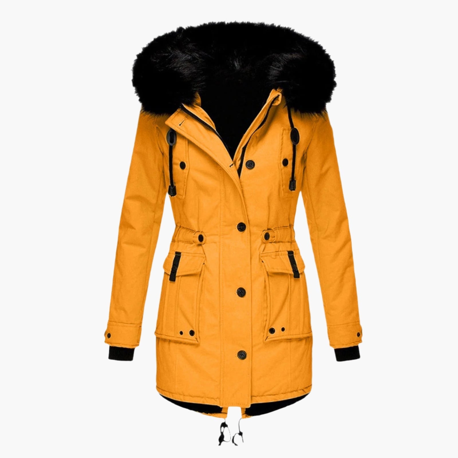 Damen Longline Winterjacke Warm Kapuzen Schwarz - Eveloria