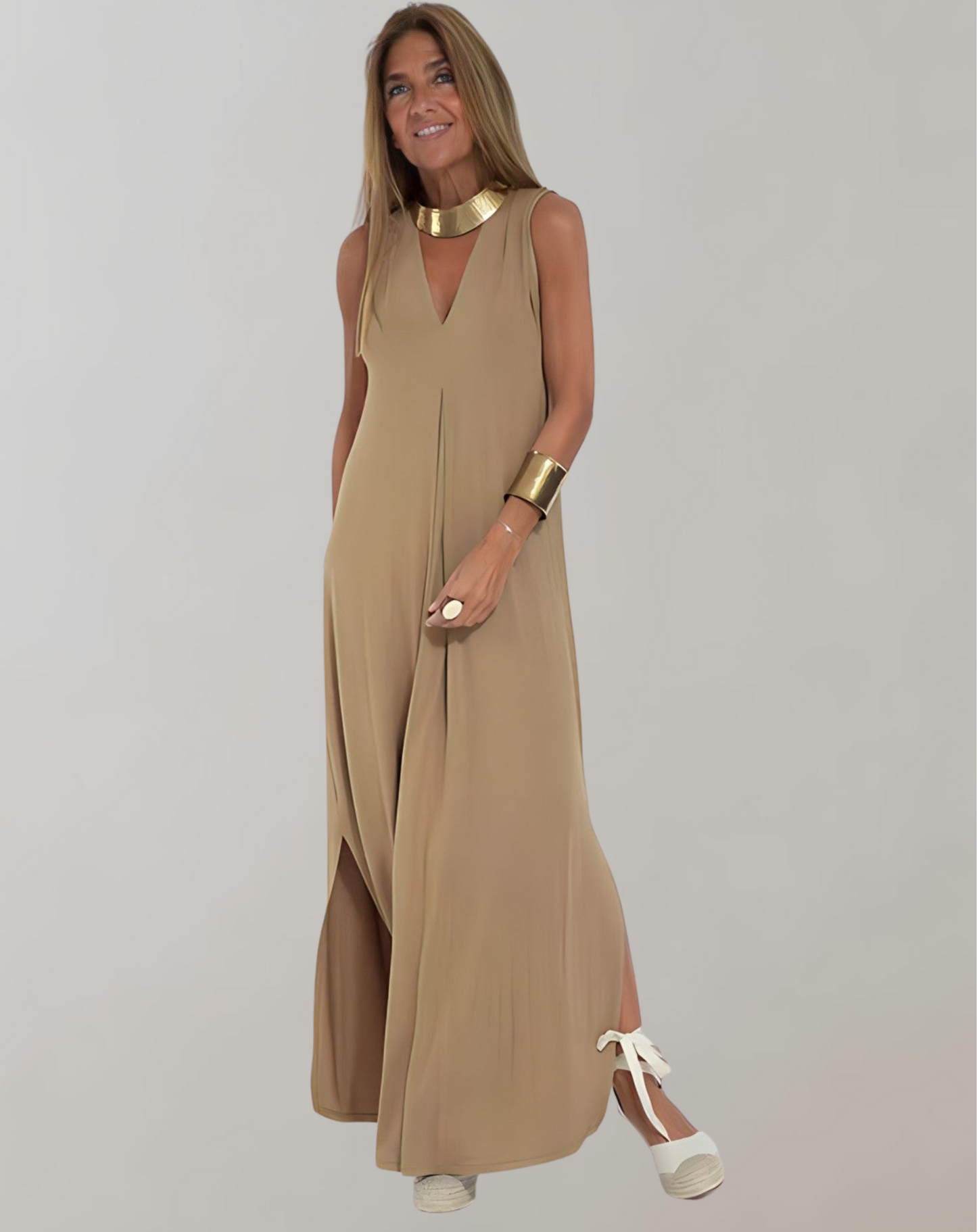 Damen Ärmelloses Maxikleid V-Ausschnitt Sommer