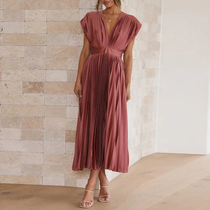 Damen Hochzeitsgastkleid Plissiert V-Ausschnitt Midi