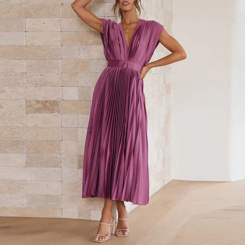Damen Hochzeitsgastkleid Plissiert V-Ausschnitt Midi