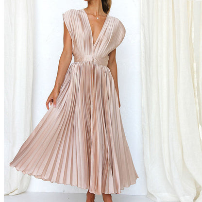 Damen Hochzeitsgastkleid Plissiert V-Ausschnitt Midi