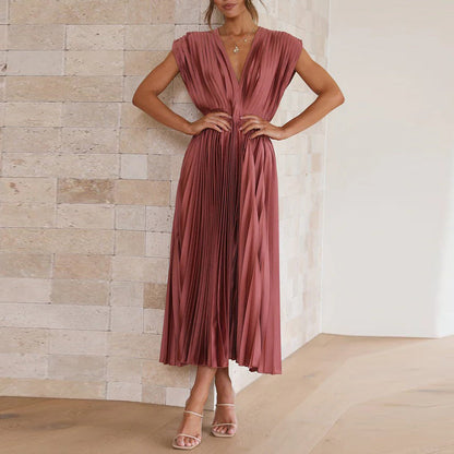 Damen Hochzeitsgastkleid Plissiert V-Ausschnitt Midi
