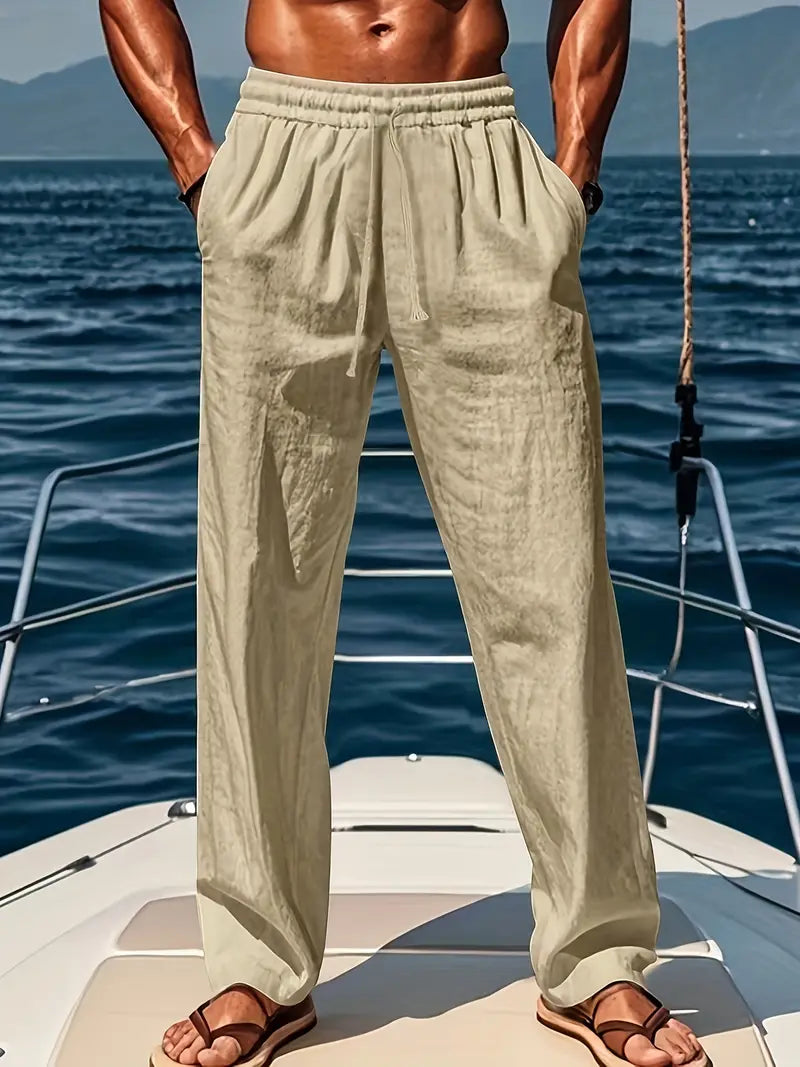 Herren Leinenhose Lang Bein Sommer Beige