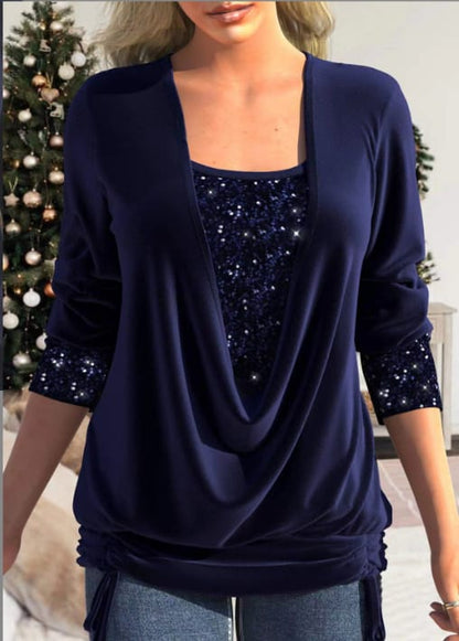 Damen Bluse Langarm Pailletten Elegante