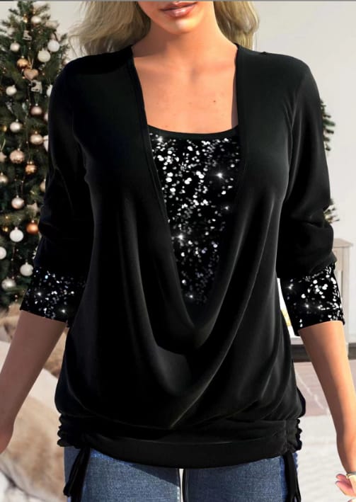 Damen Bluse Langarm Pailletten Elegante