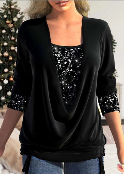 Damen Bluse Langarm Pailletten Elegante