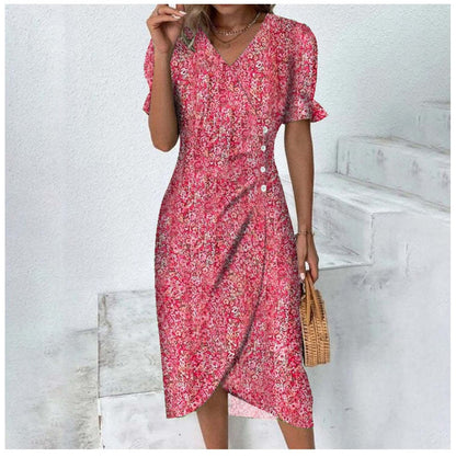 Damen Wickelkleid Blumenmuster V-Ausschnitt Puffärmel Knielang